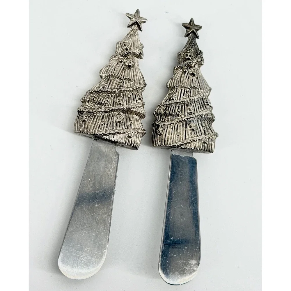 Wallace Christmas Tree Cheese Spreaders Stainless Steel Set of 2 Silver Holiday